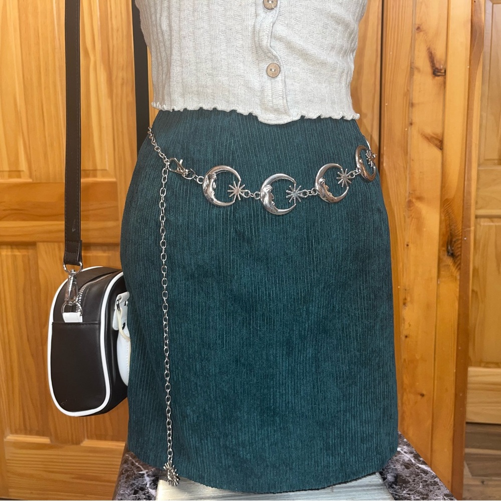 Teal Corduroy Skirt with Silver Accents